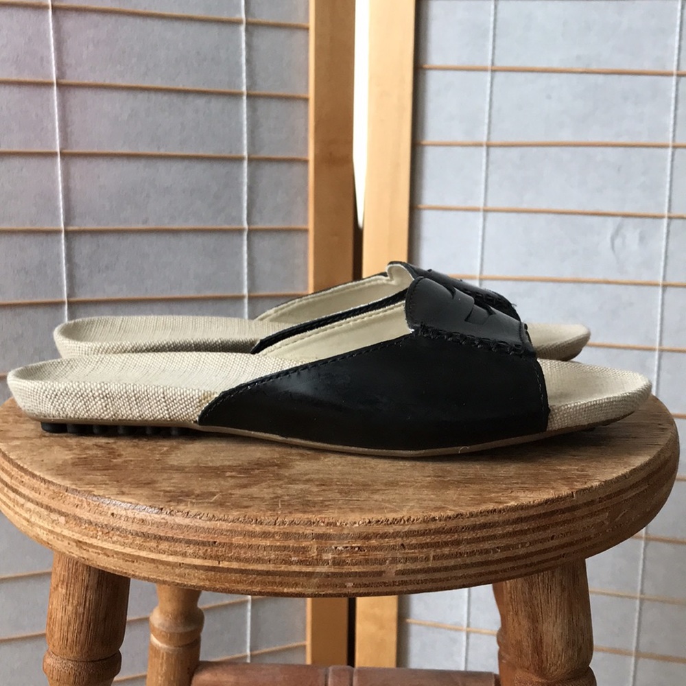 Lands End mules sz 7 black leather canvas footbed rubber sole loafer look Summer - Picture 3 of 10